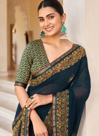 Print Work Georgette Classic Sari In Blue Color