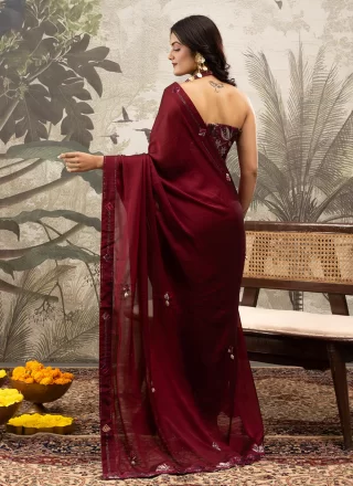 Print Work Georgette Contemporary Sari In Maroon Colour