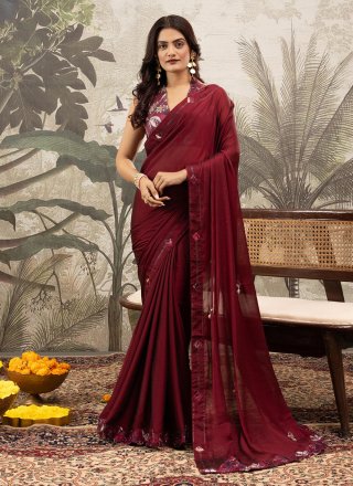 Print Work Georgette Contemporary Sari In Maroon Colour