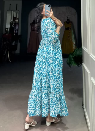 Print Work Georgette Gown In Blue Color