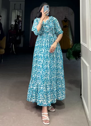 Print Work Georgette Gown In Blue Color
