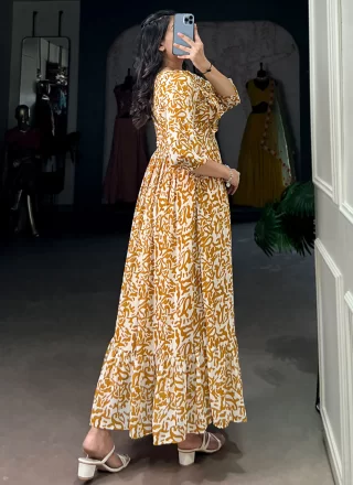 Print Work Georgette Gown In Mustard Color