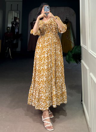 Print Work Georgette Gown In Mustard Color