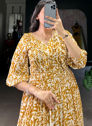 Print Work Georgette Gown In Mustard Color