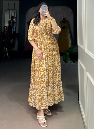 Print Work Georgette Gown In Mustard Color
