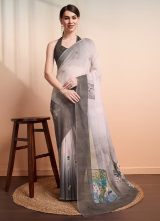 Print Work Georgette Trendy Saree In Grey Color