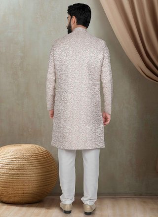 Print Work Jacquard Indo Western In Pink Color