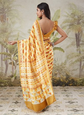 Print Work Muslin Contemporary Sari In Yellow Color