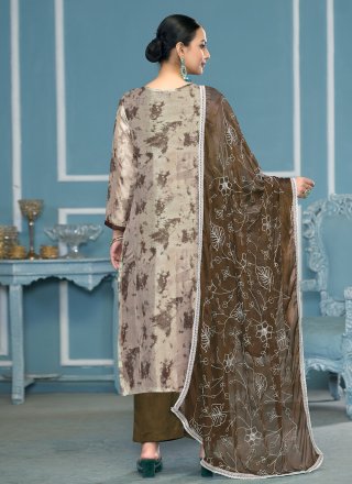 Print Work Organza Palazzo Salwar Suit In Grey Color
