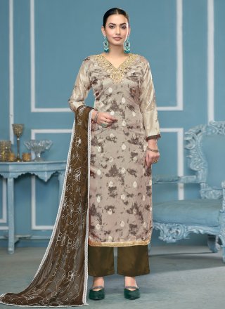 Print Work Organza Palazzo Salwar Suit In Grey Color