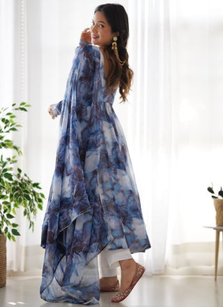 Print Work Organza Readymade Salwar Suit In Blue for Casual
