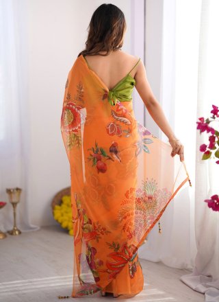 Print Work Organza Trendy Saree In Orange Color