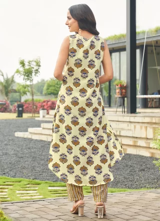 Print Work Poly Cotton Party Wear Kurti In Cream Colour