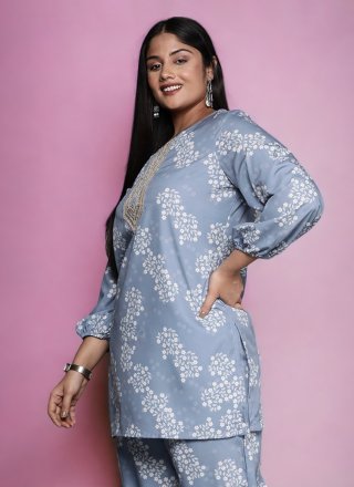 Print Work Pure Crepe Casual Kurti In Grey Color