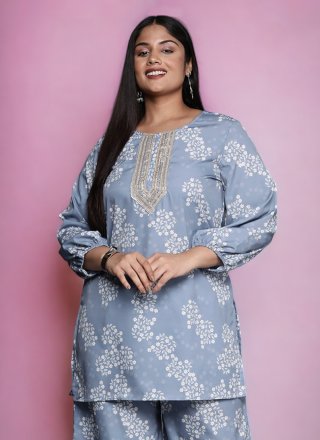 Print Work Pure Crepe Casual Kurti In Grey Color