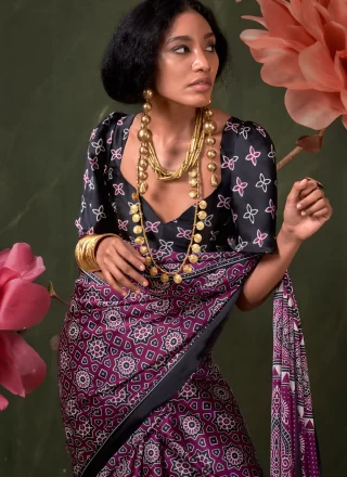 Print Work Pure Crepe Designer Sari In Purple Color