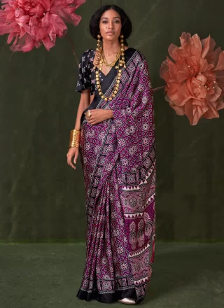 Print Work Pure Crepe Designer Sari In Purple Color