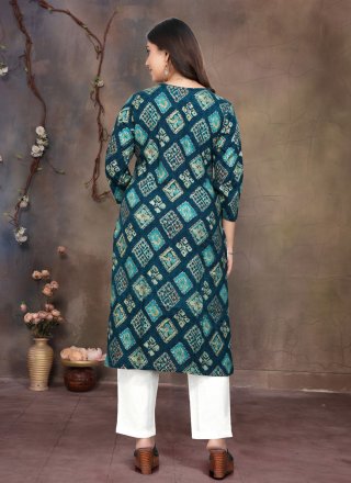 Print Work Rayon Casual Kurti In Blue for Festival