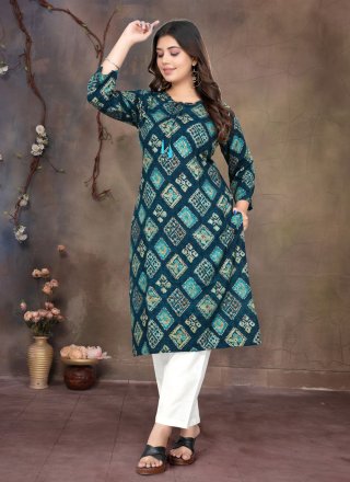 Print Work Rayon Casual Kurti In Blue for Festival