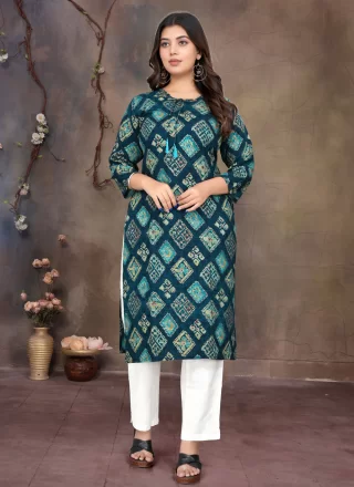 Print Work Rayon Casual Kurti In Blue for Festival