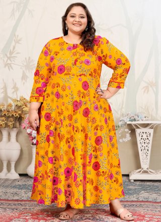 Print Work Rayon Casual Kurti In Yellow for Casual
