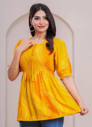 Print Work Rayon Casual Kurti In Yellow for Festival