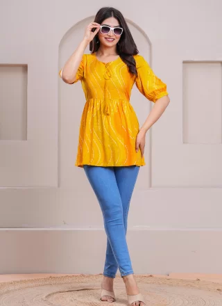 Print Work Rayon Casual Kurti In Yellow for Festival