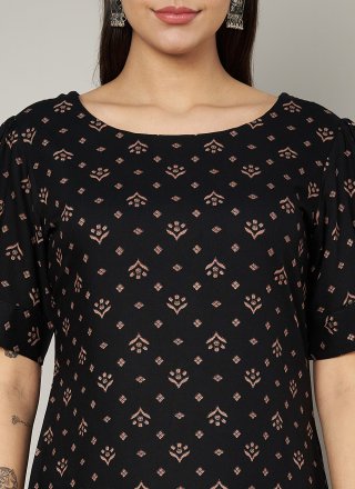 Print Work Rayon Designer Kurti In Black