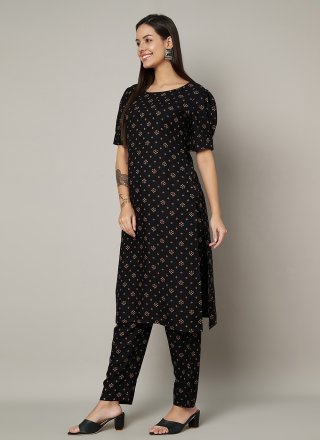Print Work Rayon Designer Kurti In Black