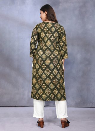 Print Work Rayon Designer Kurti In Green for Festival
