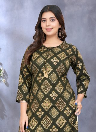 Print Work Rayon Designer Kurti In Green for Festival