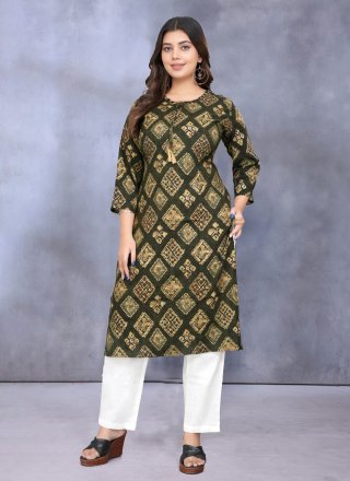 Print Work Rayon Designer Kurti In Green for Festival