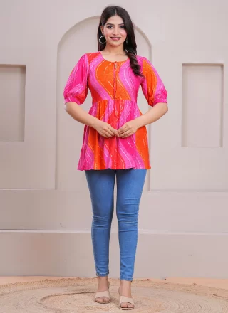 Print Work Rayon Designer Kurti In Multi Colour