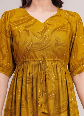 Print Work Rayon Designer Kurti In Mustard