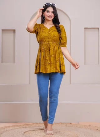 Print Work Rayon Designer Kurti In Mustard