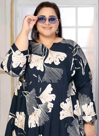 Print Work Rayon Floor Length Kurti In Blue Color