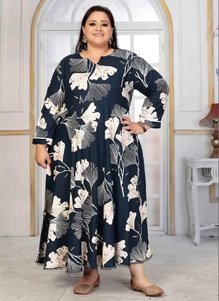 Print Work Rayon Floor Length Kurti In Blue Color