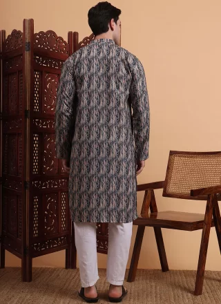 Print Work Rayon Kurta Mens Wear In Grey Color