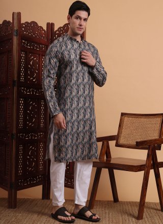 Print Work Rayon Kurta Mens Wear In Grey Color