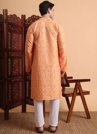 Print Work Rayon Kurta Mens Wear In Orange Color