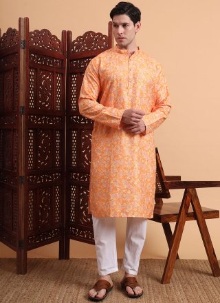 Print Work Rayon Kurta Mens Wear In Orange Color