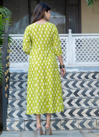Print Work Rayon Party Wear Kurti In Green