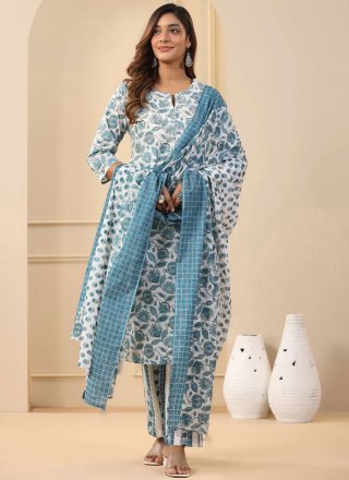 Print Work Rayon Salwar Suit In White