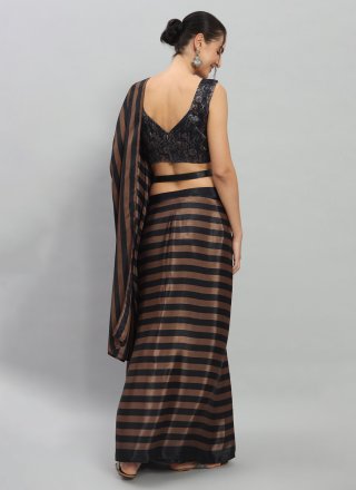 Print Work Satin Classic Sari In Brown Color