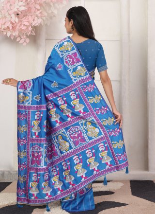 Print Work Silk Blend Contemporary Saree In Blue