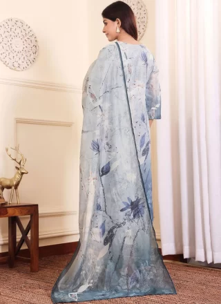 Print Work Silk Blend Salwar Suit In Grey for Ceremonial