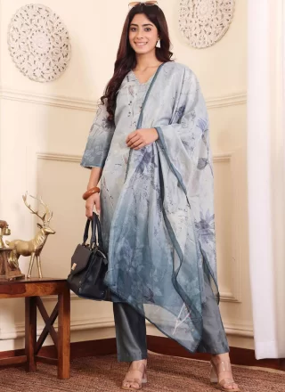 Print Work Silk Blend Salwar Suit In Grey for Ceremonial