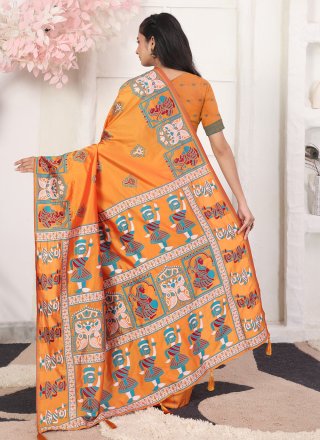 Print Work Silk Blend Trendy Saree In Mustard for Casual