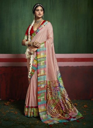 Print Work Silk Classic Sari In Cream for Ceremonial