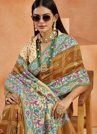 Print Work Silk Contemporary Sari In Brown Color